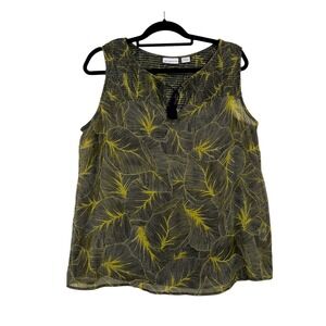 Liz Claiborne Sleeveless‎ Women Blouse Leaf Print Smocked Neckline Top Size L
